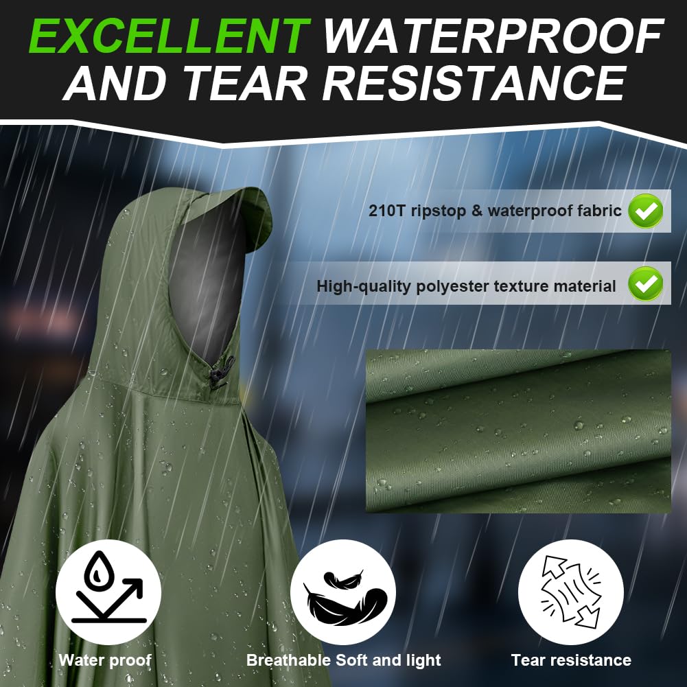 Vicloon Poncho de Lluvia Impermeable, Chubasquero con Capucha para Mujer Hombres, 3 en 1 Multifuncional Chubasquero Transpirable Ultrafino, Toldo Manta, Estera de Camping, Talla grande con Bolsa A