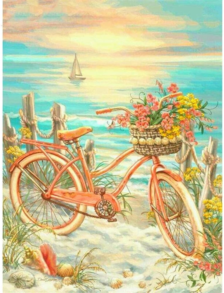 5D Large Diamond Painting Kit, Bicycle and Flower DIY Diamond Art Painting Full Round Drill Rhinestone Embroidery Pictures Cross Stitch Arts Crafts for Home Wall Decor 60x100cm K-177
