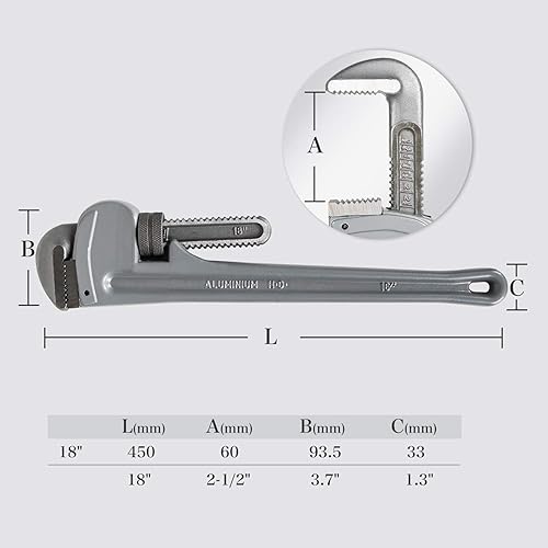 Miniatura 2 de ETERNA Llave de tubo de 18 pulgadas Llave de tubo recta de aluminio con mordazas de gancho de acero al carbono de aleación Llave de plomería