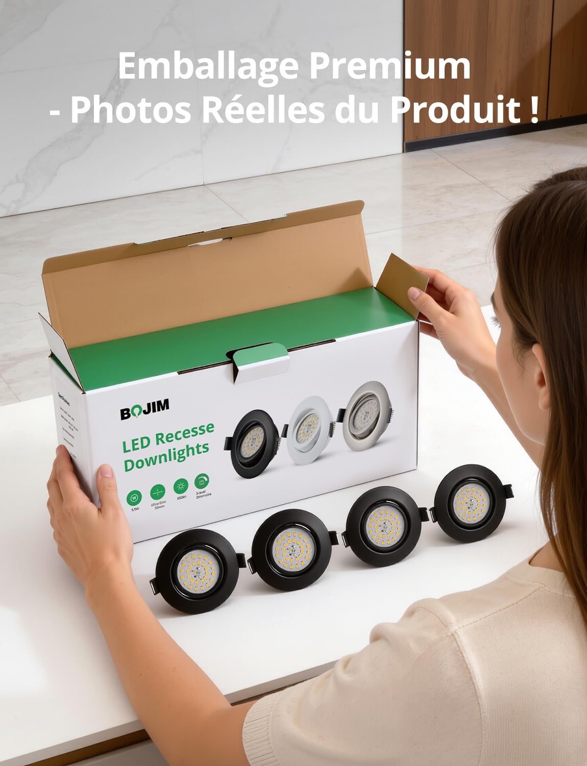 Bojim Lot de 20 Spot LED Encastrable Noir Dimmable, Classe d'Efficacité Énergétique D, 230V Blanc Neutre Trou 68mm 5.5W 650LM, pour Cuisine Salon Chambre Salle de Bain