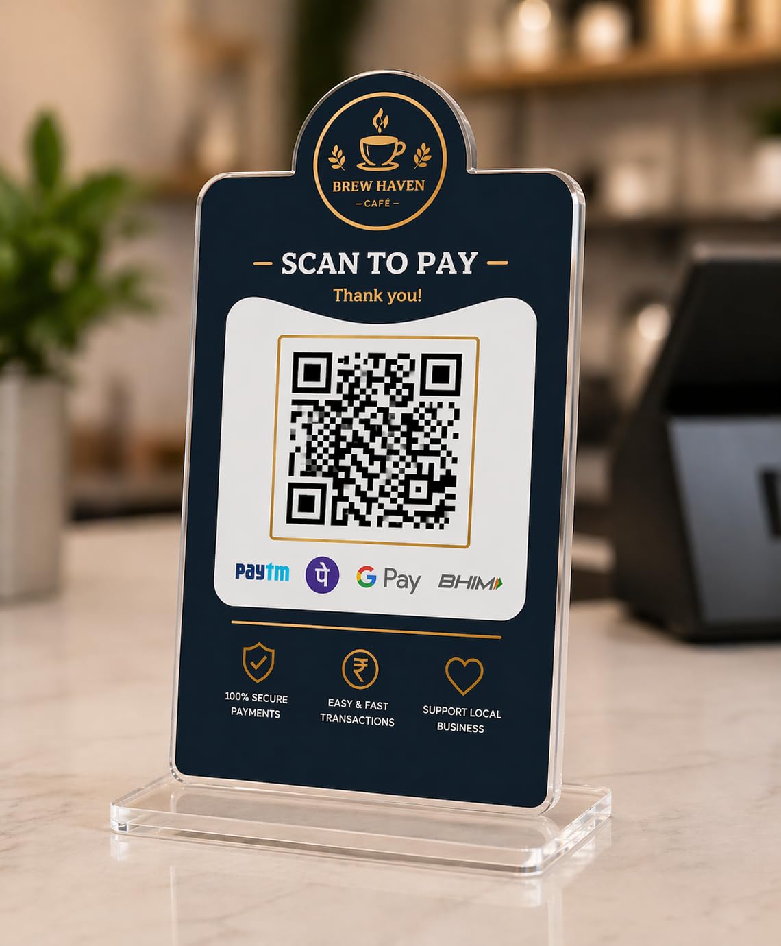 Customized Acrylic QR Code Payment Stand for Shop, Cafe & Business | UPI Scan to Pay Display Acrylic Stand | Tabletop Counter Stand ( 6 x 4 Inches )-image-32