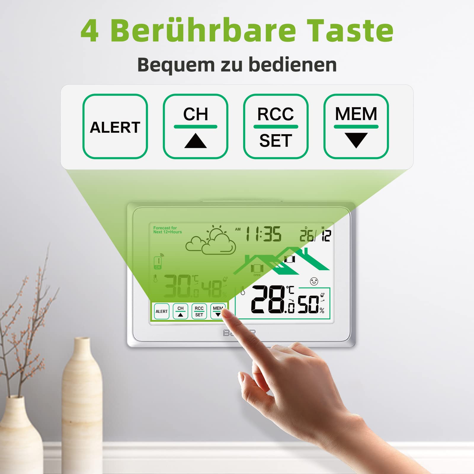 BALDR Meteo Station für den Innenbereich, kabellos, Umerische Uhr, DCF, Innen-Thermometer, mit Wettervorhersage für Belüftung und Hintergrundbeleuchtung