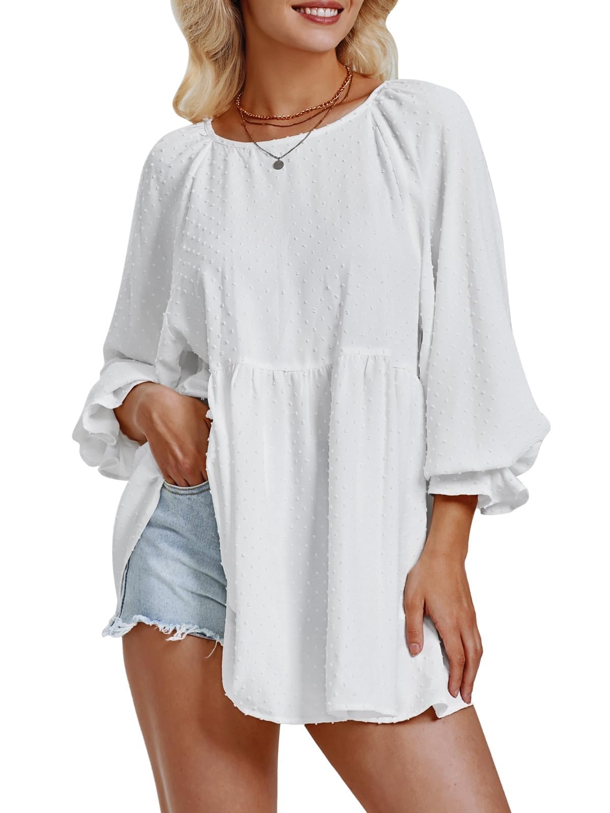 Damskie bluzki z długim rękawem szwajcarska kropka Babydoll luźny krój topy ciążowe jesienne koszule-tuniki szykowne topy na co dzień(White,XL)