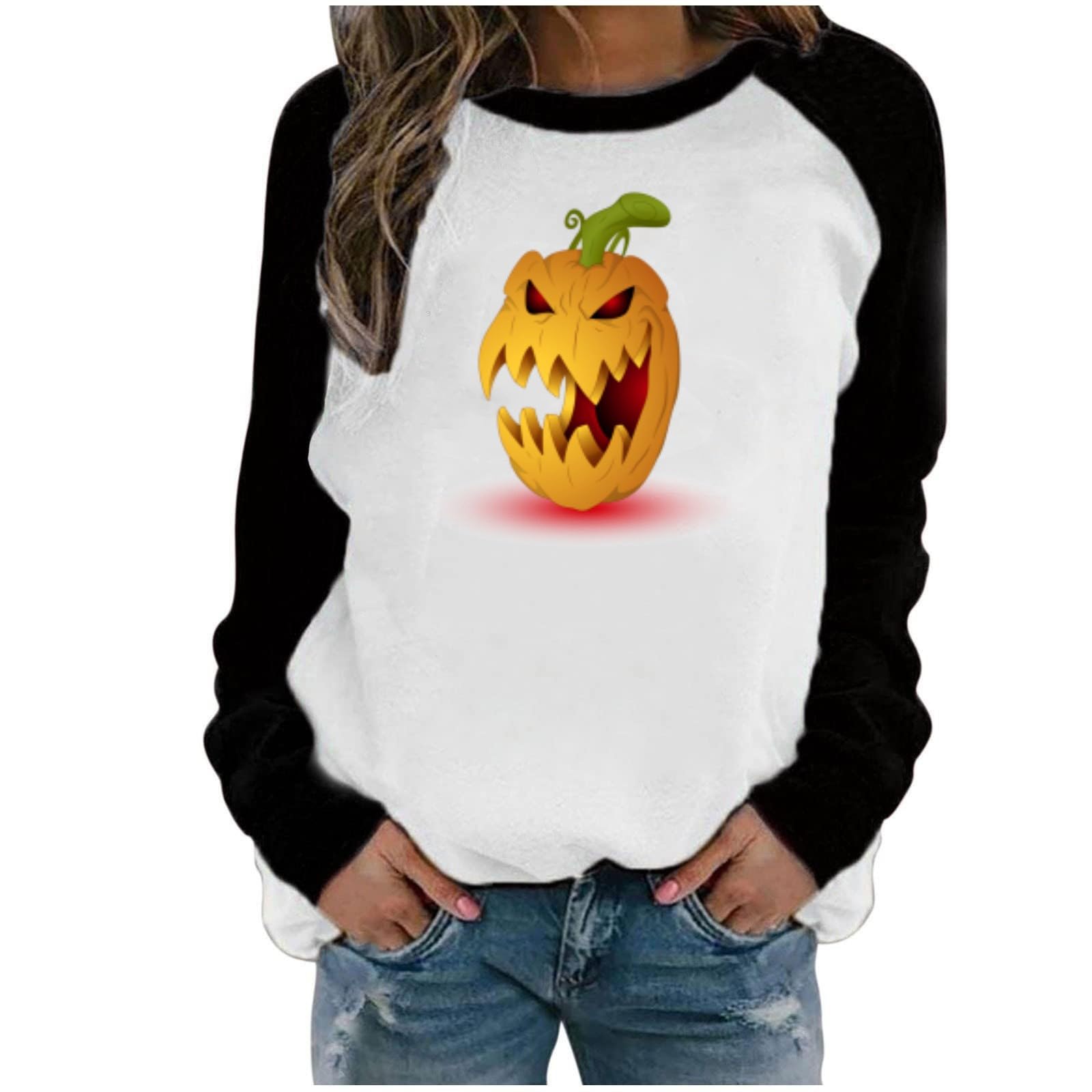 White Oversized Sweatshirt Women Women's Crew Neck Sweatshirt With Long Sleeves Halloween Pumpkin Print Loose Fitting Sweatshirt Pullover Hoodies for Women