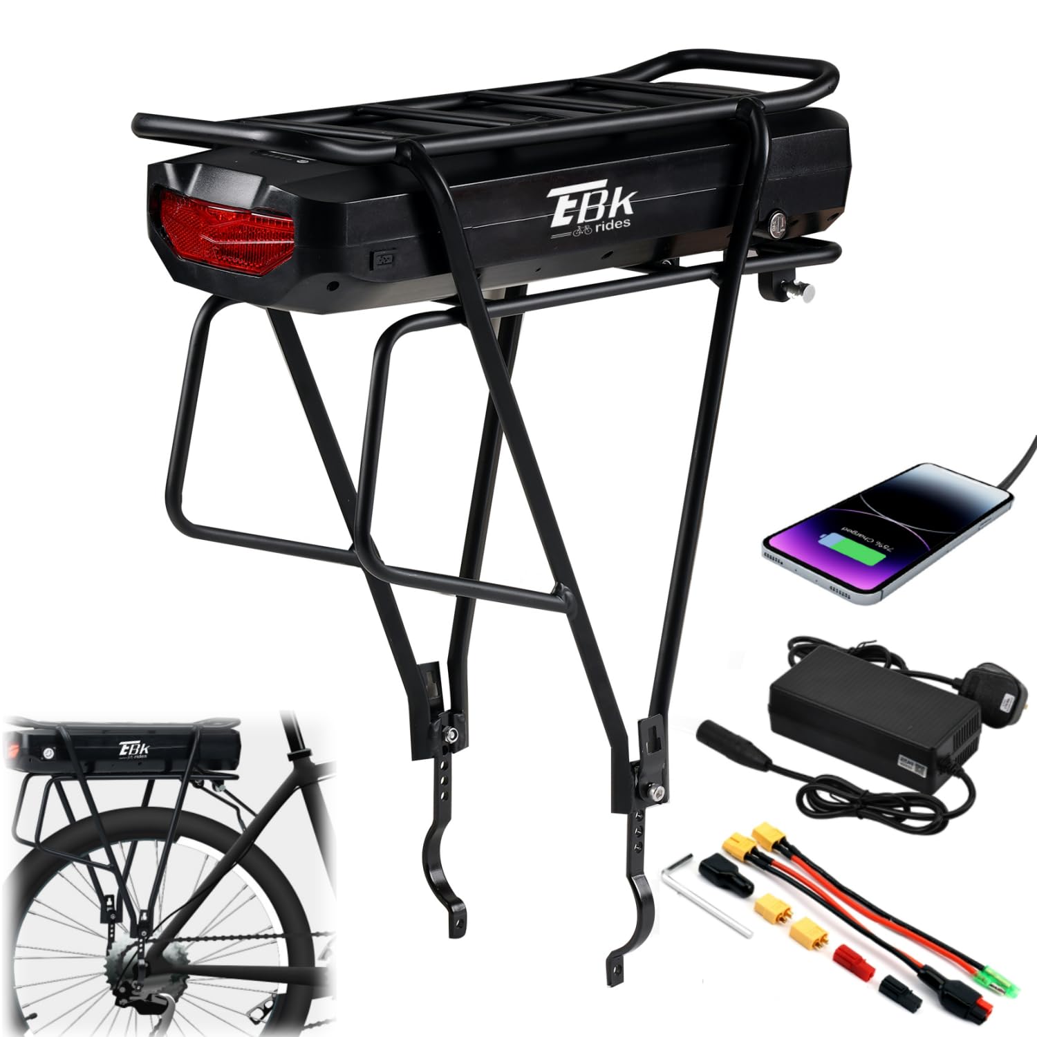 Ebkrides Rear Rack Ebike Battery 48V 17.5Ah with Charger & USB Port, Electric Lithium lon Bicycle Battery Luggage Rack Batteries for 24/26/28/29" Front Rear Wheel Bike