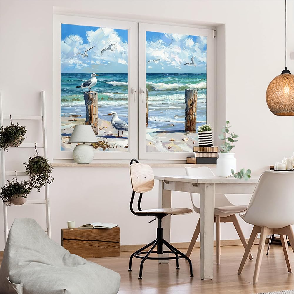Fensterfolie im Vintage-Stil, Motiv: Ozeanwellen, Privatsphäre, bunt, blau, Strand, Möwen, Natur, dekorativ, gebeizt, statisch, Fensteraufkleber für Zuhause, 70 x 100 cm x 2 Stück