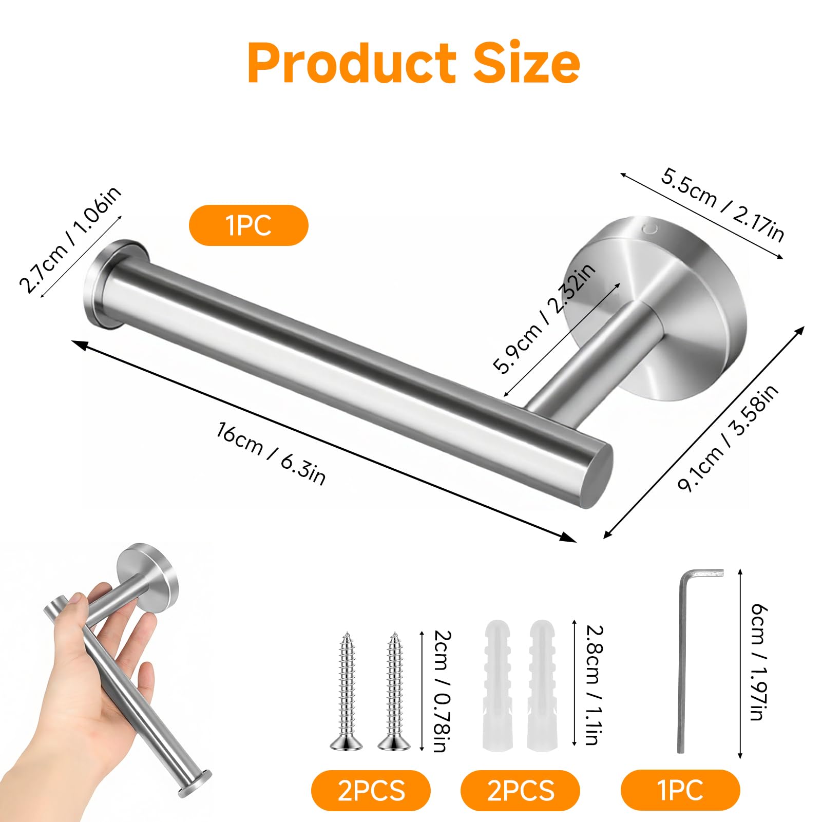 Wall Mounted Toilet Paper Holder Chrome 304 Stainless Steel Loo Roll Holder Bathroom Kitchen Tissue Dispenser Single Arm Rustproof Toilet Roll Rack Polished Silver Finish Vertical Horizontal Install - Image 2