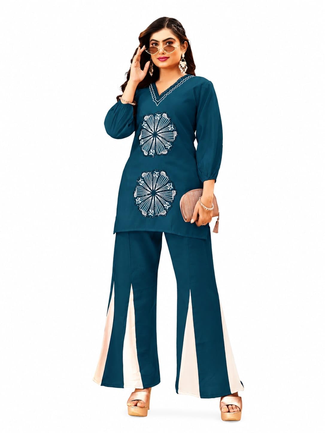 Women's Floral Print Co-Ord Set | Vatican Fabric V-Neck Straight Kurti with 3/4 Puff Sleeves & Palazzo Pants | Ethnic Kurta Pant Set for Women Casual, Office, Festival-image-46