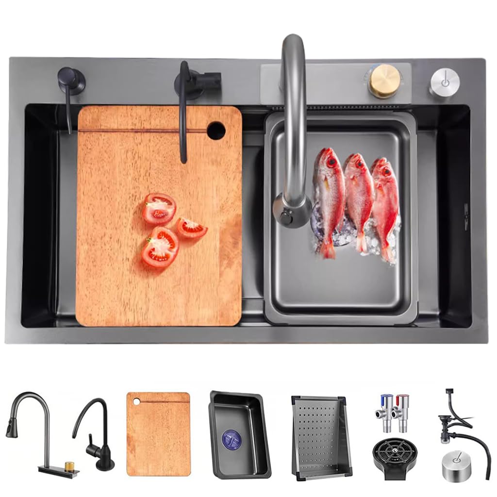 ZQFHSX 304 Stainless Steel Waterfall Sink Household Nano Dishwashing Multifunctional Single Bowl Bar With Faucet And Cup Washer Top Mount Or Undermount (Color : A, Size 68x45x22cm)