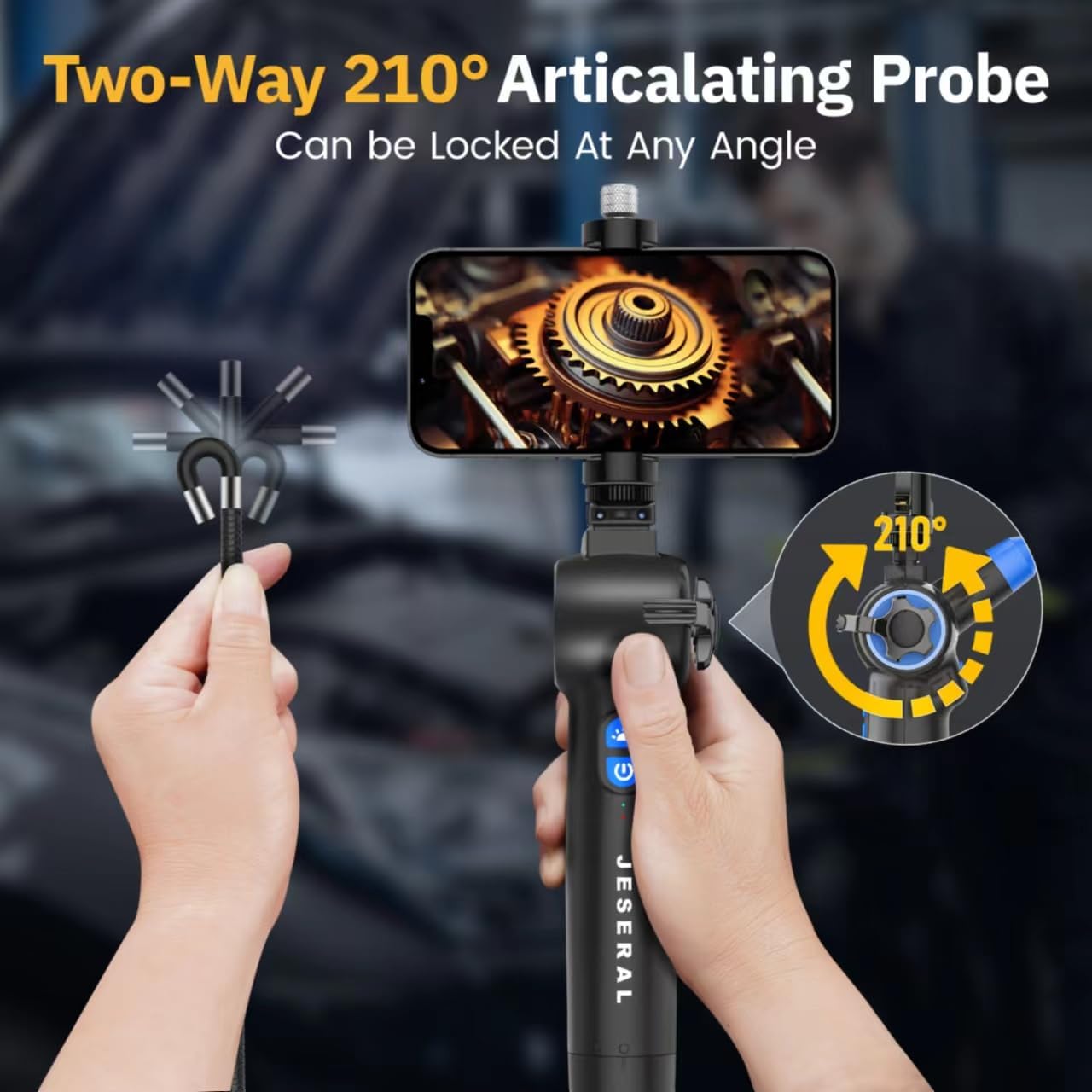 Articulating Borescope 2-Way 210°- JESERAL 8.5mm Lens Endoscope camera with 6 light, HD1080P Inspection Camera with Steering Probe, Compatible with Android&iOS Phone, scope with 3.3FT Semi-Rigid Cable
