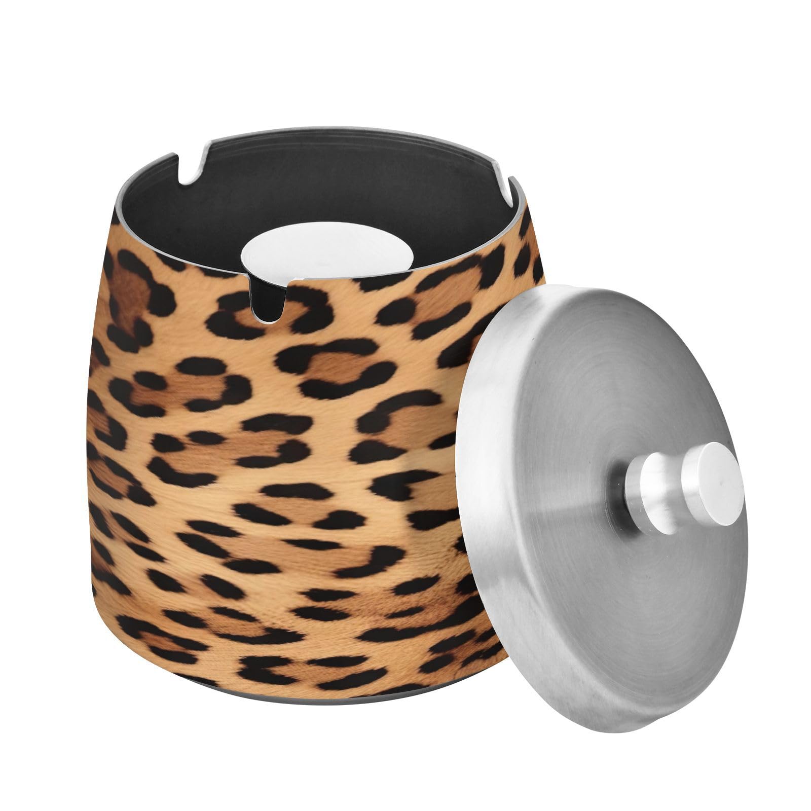 SKYSHU Leopard Print Ashtray with Detachable Lid and Anti-Skid Pad, Scrath-Resistant Stainless Steel Cigarette Ashtray Smokeless Odorless Windproof Cigar Ash Tray for Smoker Indoor Outdoor Use