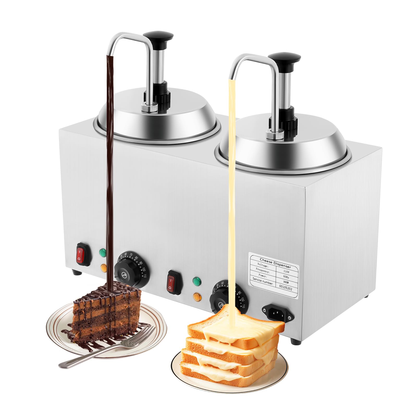 Nacho Cheese Dispenser, 2 Pcs Pump Stainless Steel Hot Fudge Sauce Warmer with Large Capacity & Two Heated Barrel Double Head Nacho Cheese Warmer for