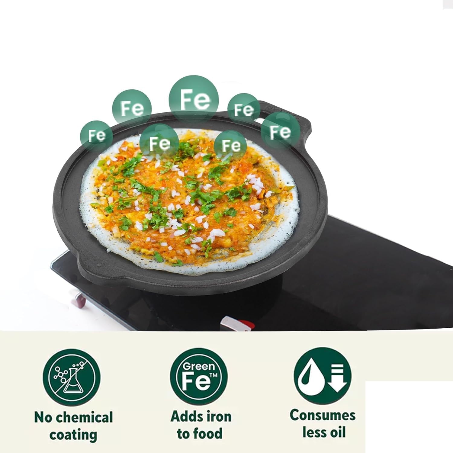 Cast Iron Tawa with Free Wooden Spatula for Dosa/Chapathi | 27.6cm/10.8 inch, 2.8kg | Induction Friendly Griddle