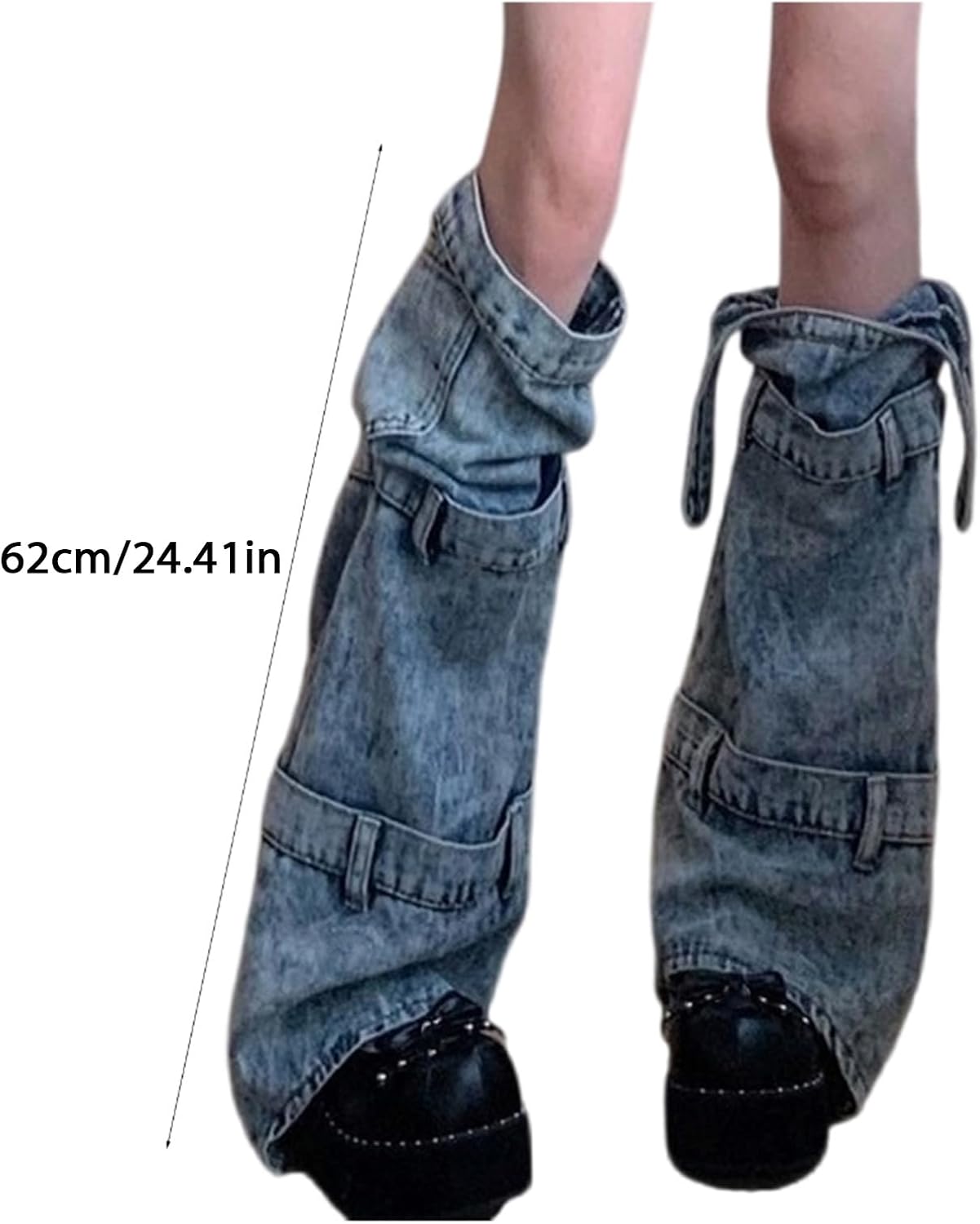 Women's Punk Asymmetric Blue Jeans Leg Warmers with Bandages Subcultures Washed Denim Leg Covers Loose Flared Socks Unique Bandages Leg Warmers
