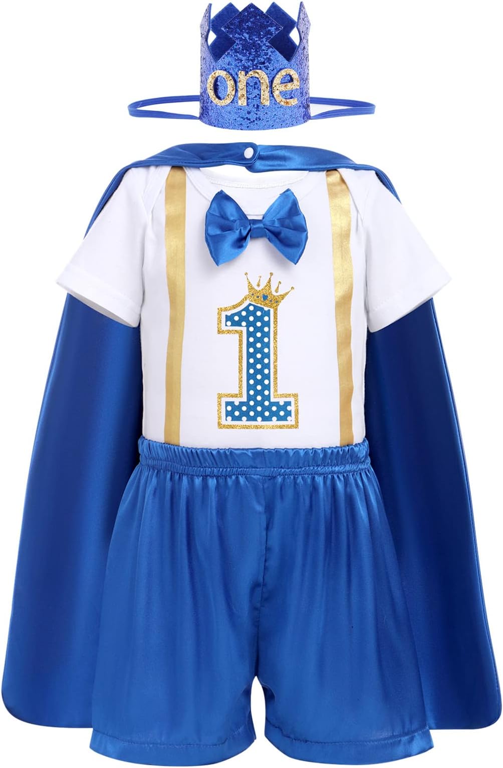 AWIBMKBaby Boys Prince 1st Birthday Cake Smash Outfit Romper + Shorts + Cape + Headband for Photo Props 4PCS Costume Set