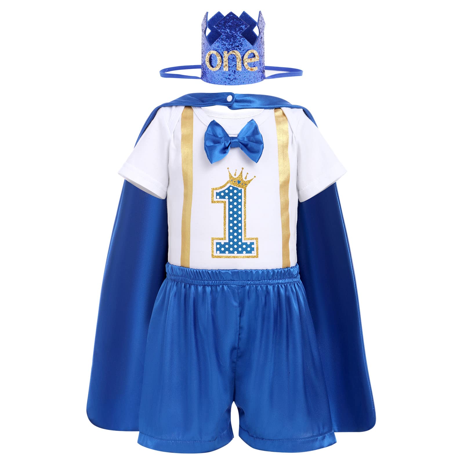 AWIBMKBaby Boys Prince 1st Birthday Cake Smash Outfit Romper + Shorts + Cape + Headband for Photo Props 4PCS Costume Set