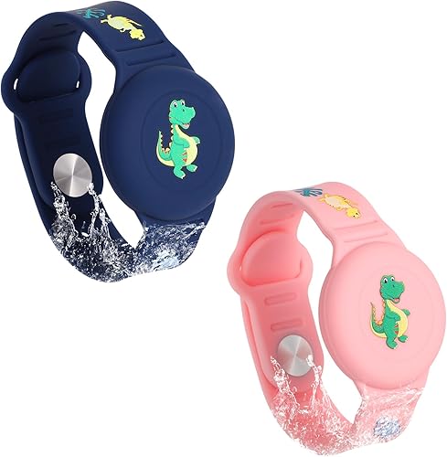 2 pulseras impermeables para AirTag, con patrón de dibujos animados de dinosaurio, para niños pequeños, ancianos, ajustables, antipérdidas, para