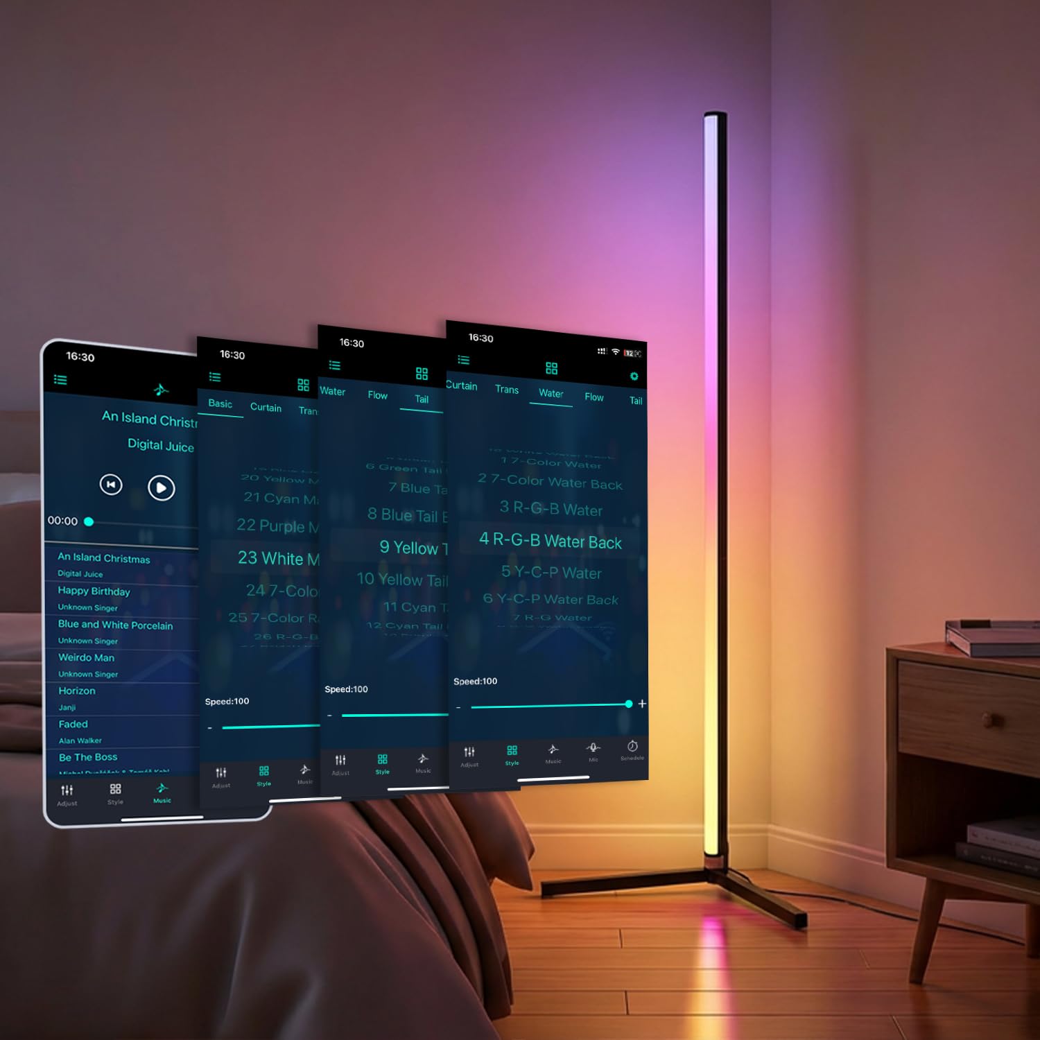 RGB Ecklampe Stehlampe, Stehlampe Wohnzimmer mit APP-Steuerung und Fernbedienung, 16 Millionen Farben und 68+ Szenen. Farbwechsel-Umgebungslicht mit Musiksynchronisation