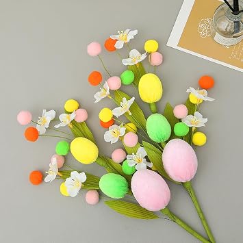 4PCS Artificial Easter Flowers, Easter Party Colorful Velvet Egg and Berries Picks Decorations, Spring Flower with Stems Egg Branches for Party Vase Centerpiece Decor White Flower