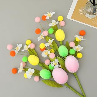 4PCS Artificial Easter Flowers, Easter Party Colorful Velvet Egg and Berries Picks Decorations, Spring Flower with Stems Egg Branches for Party Vase Centerpiece Decor (White Flower)