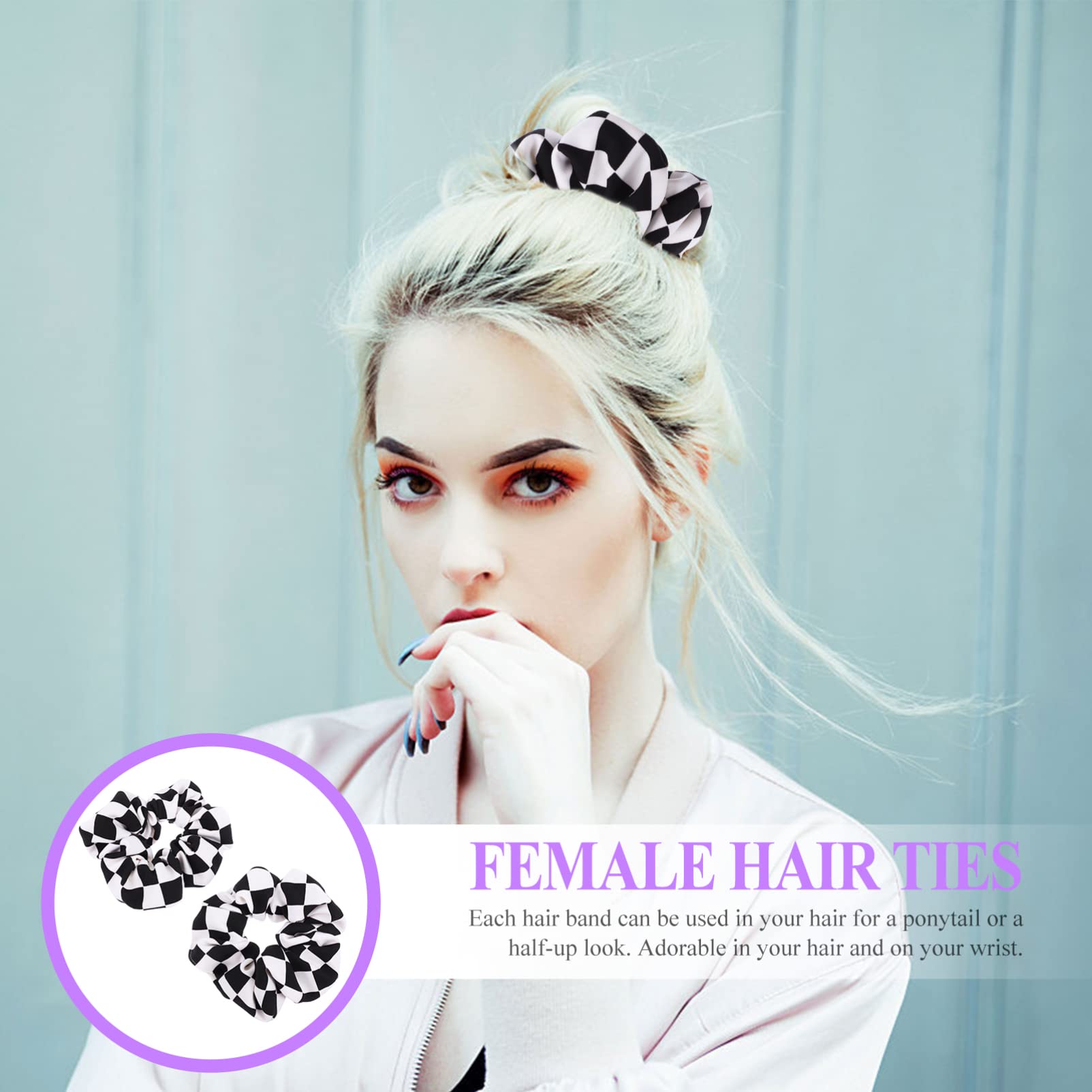 2 Pcs Black and White Checkered Scrunchies for Women Stylish Chiffon Hair Ties Elastic Hair Bands for Daily Use and Special Occasions - Image 2