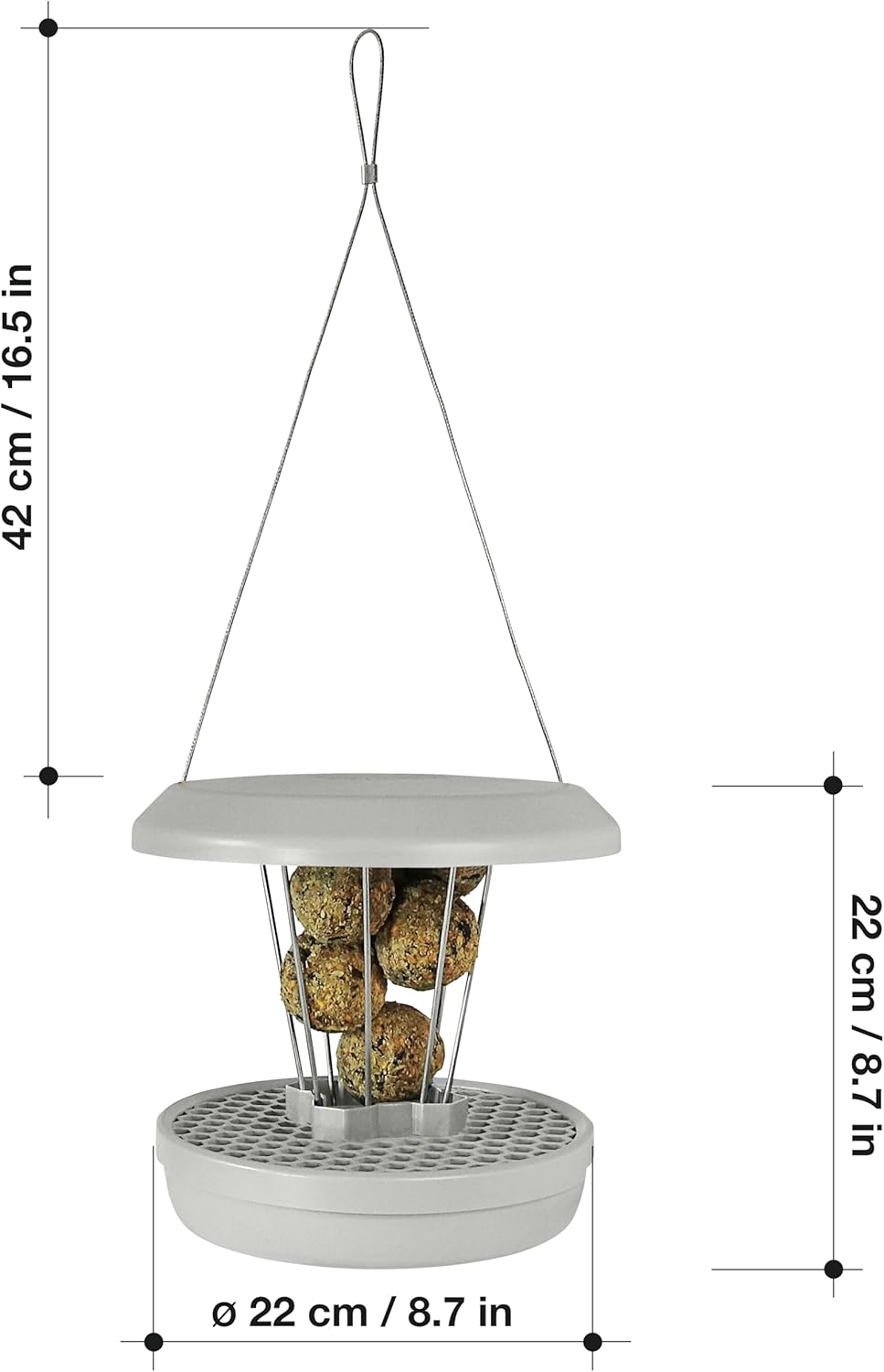 SWISSINNO Bird Feeders - No Mess Fat Ball/Suet Feeder for Outdoors Hanging - Smart Birds Lucerne Spill Proof Wild Cardinal Bird Feeder with Integrated Seed Catcher Tray - Light Grey