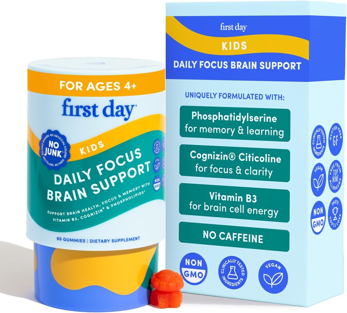 FIRST DAY Kids Focus & Brain Supplement Gummies Ages 4+ | Attention & Calm Support with Cognizin® Citicoline & Phosphatidylserine | Organic, Vegan | 30-Day Supply