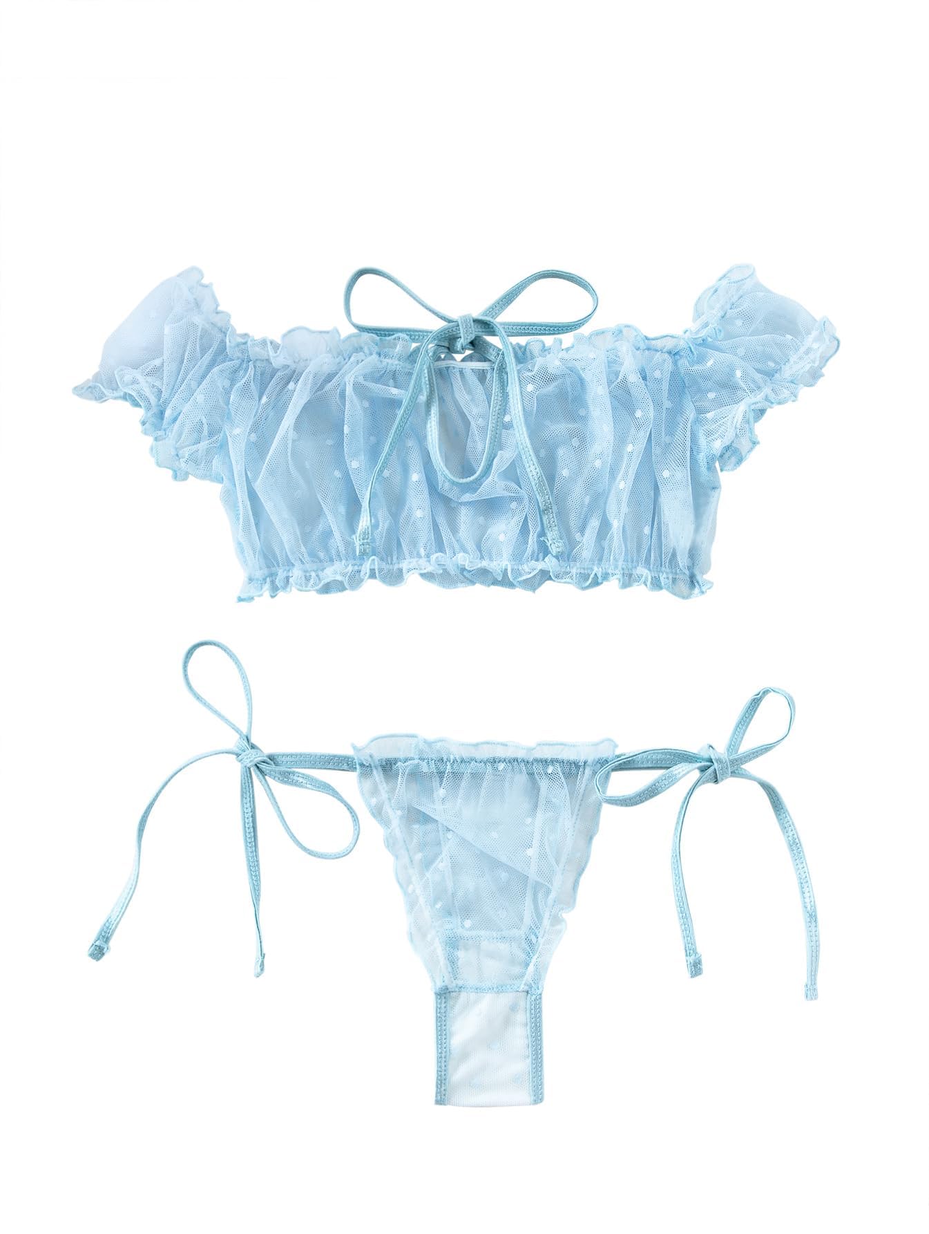 Lilosy Sexy Stretch Ruffle Tie Sheer Mesh Lingerie Set Outfits: Large Polka Dot Light Blue