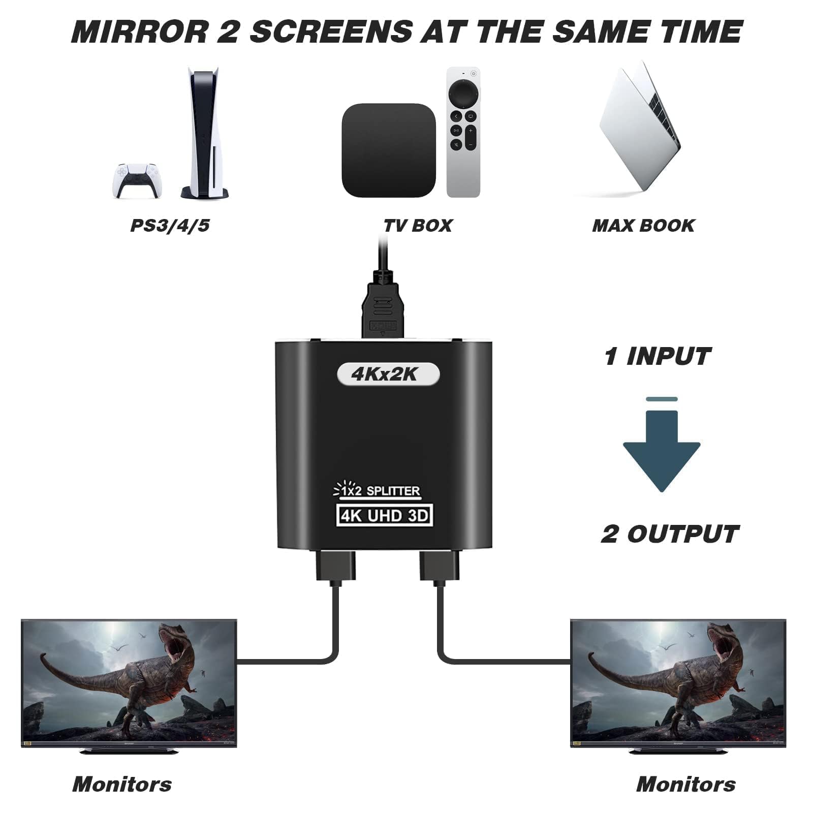 HDMI Splitter 1 entrée 2 Sorties - 4K Répartiteur hdmi 1 Input 2 Output pour Lecteurs DVD Consoles de Jeux appareils de Streaming - Miroir Uniquement ne Pas étendre