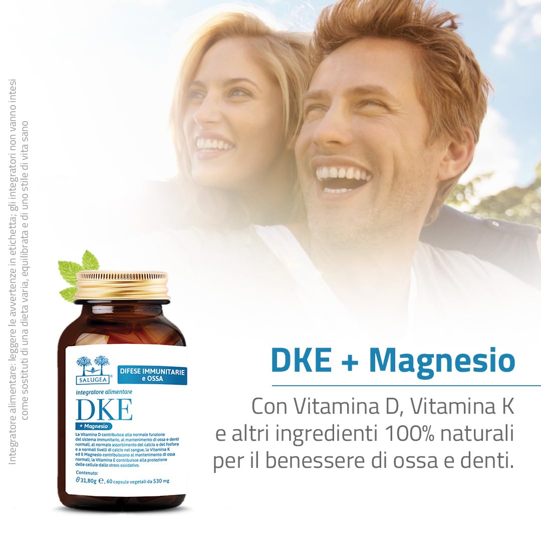 DKE + Magnesio Salugea - Integratore di Vitamine D3, K2, E e Magnesio - 100% Naturale - 60 Capsule Vegetali - Flacone in Vetro Scuro Farmaceutico