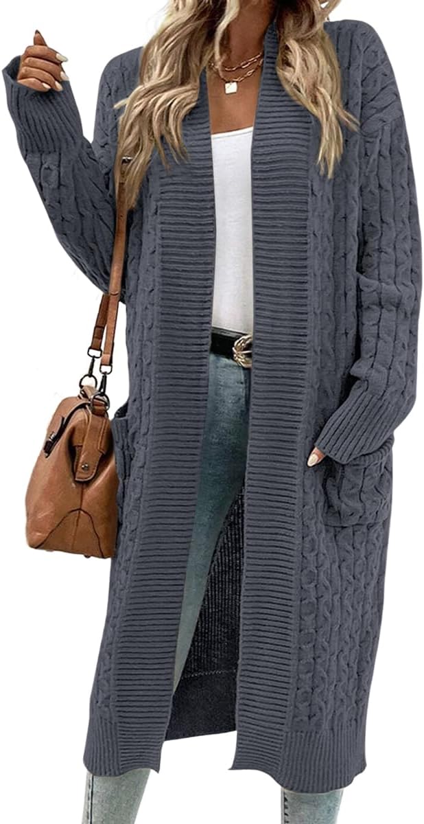 Onedreamer Womens Long Cardigan Cable Knit Open Front Long Sleeve Sweater Coats with Pockets - Image 3