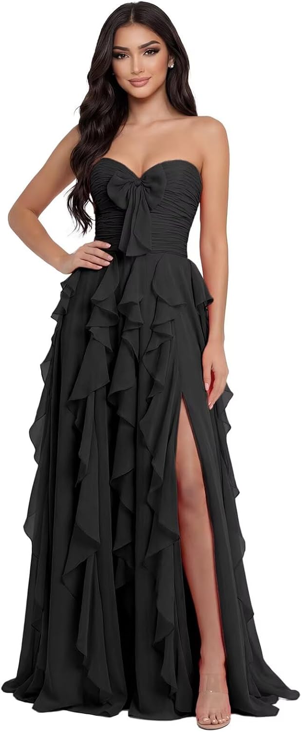 Chiffon Prom Dresses 2026 for Women with Bow Ruffles Sweetheart Neck Pleated A-Line Long Formal Gowns with Slit