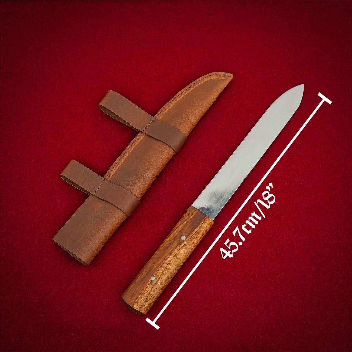 Mythrojan Viking Norse Carbon Steel Blade Knife Hand Forged Seax Knife with Wooden Handle, Leather Sheath for Medieval Events, Reenactments, Renaissance Fair, Cosplay Costume - 18 Inches