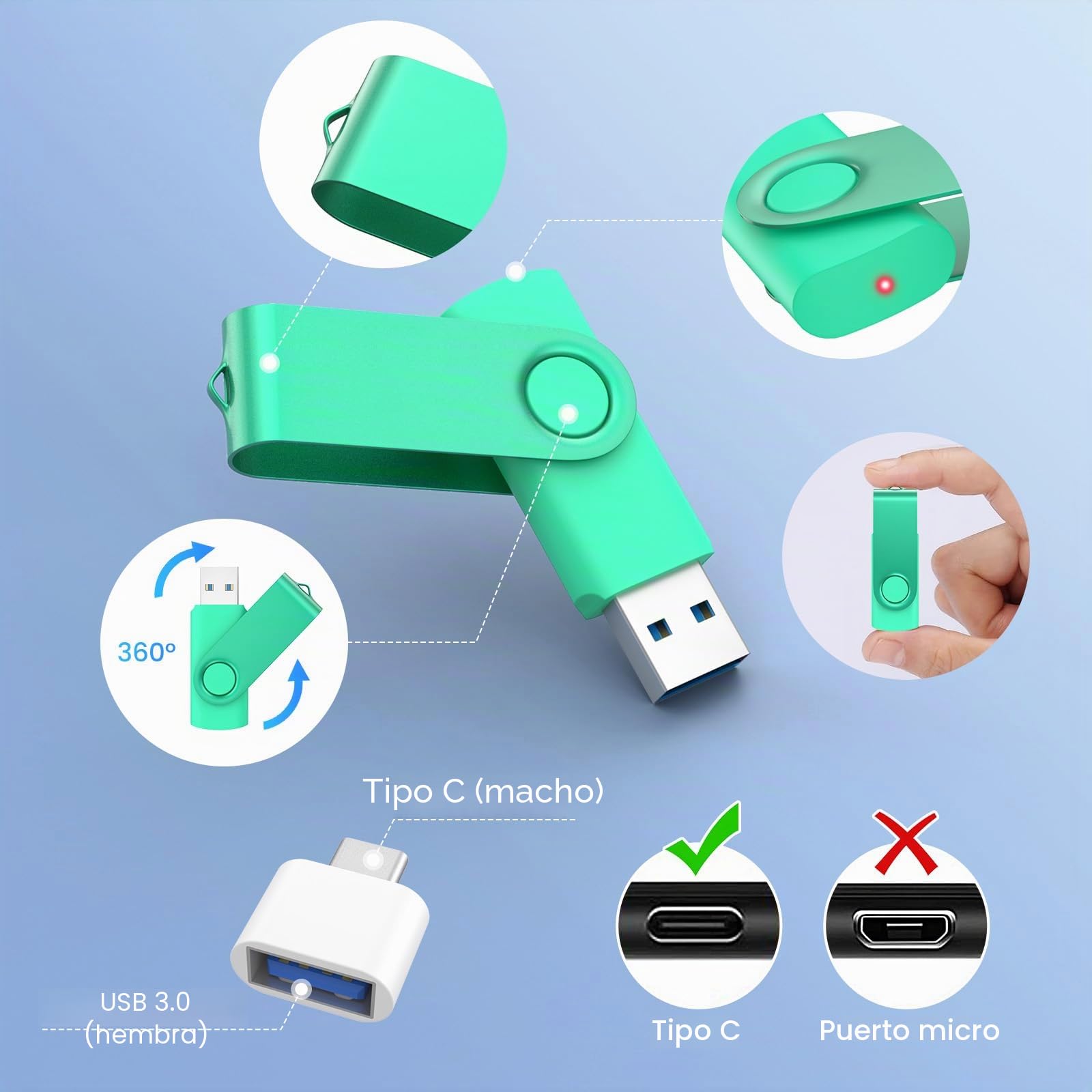 Pendrive USB 3.0 64GB,Wooolken Pack de 5 Pen Drives con Adaptadores USB-C | Memoria USB para Oficina, Escuela, Viajes, Backup
