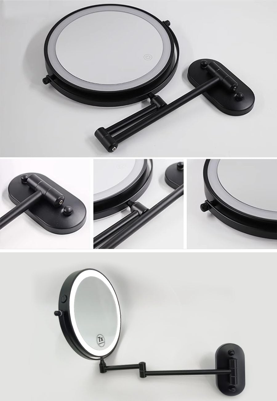 Kosmetik-Vergrößerungsspiegel mit LED-Leuchten, 1-fach/10-facher doppelseitiger Vergrößerung, wiederaufladbarer Badezimmer-Wandspiegel für Make-up-Rasur (Schwarz,10X Vergrößerung)