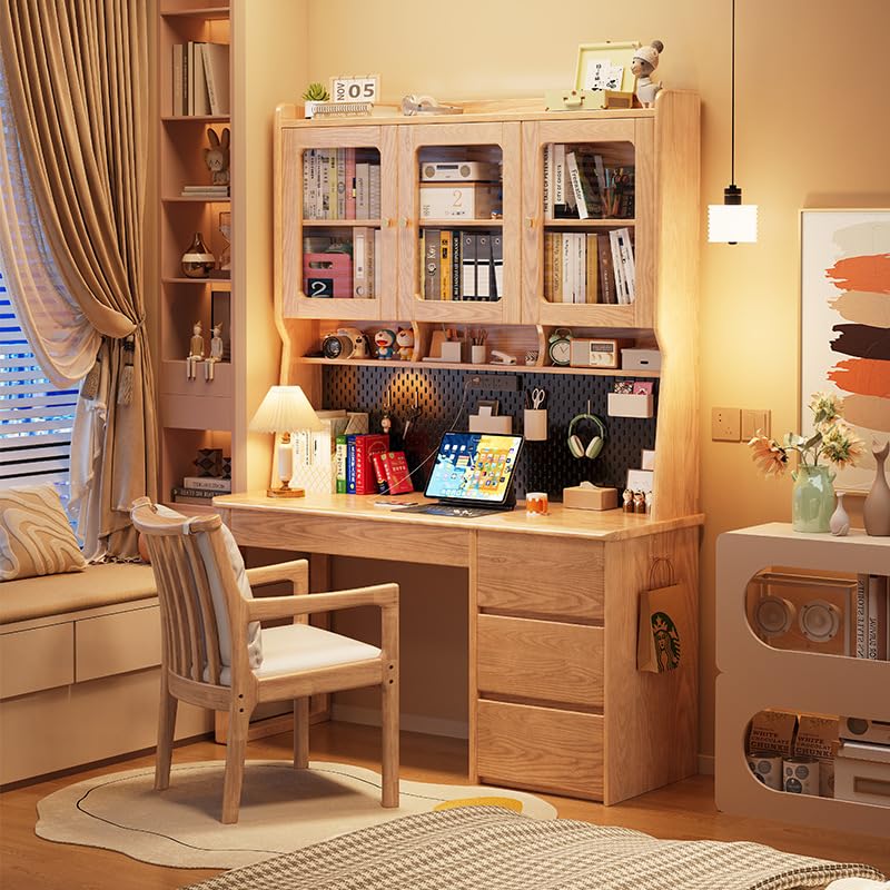 Schreibtisch aus Massivholz, Mid-Century Modern, Home-Office-Schreibtisch mit Schubladen und Regalen, Arbeitstisch PC-Tisch-Arbeitsplatz für kleine Räume (Wood color, 100cm/39.3inch)