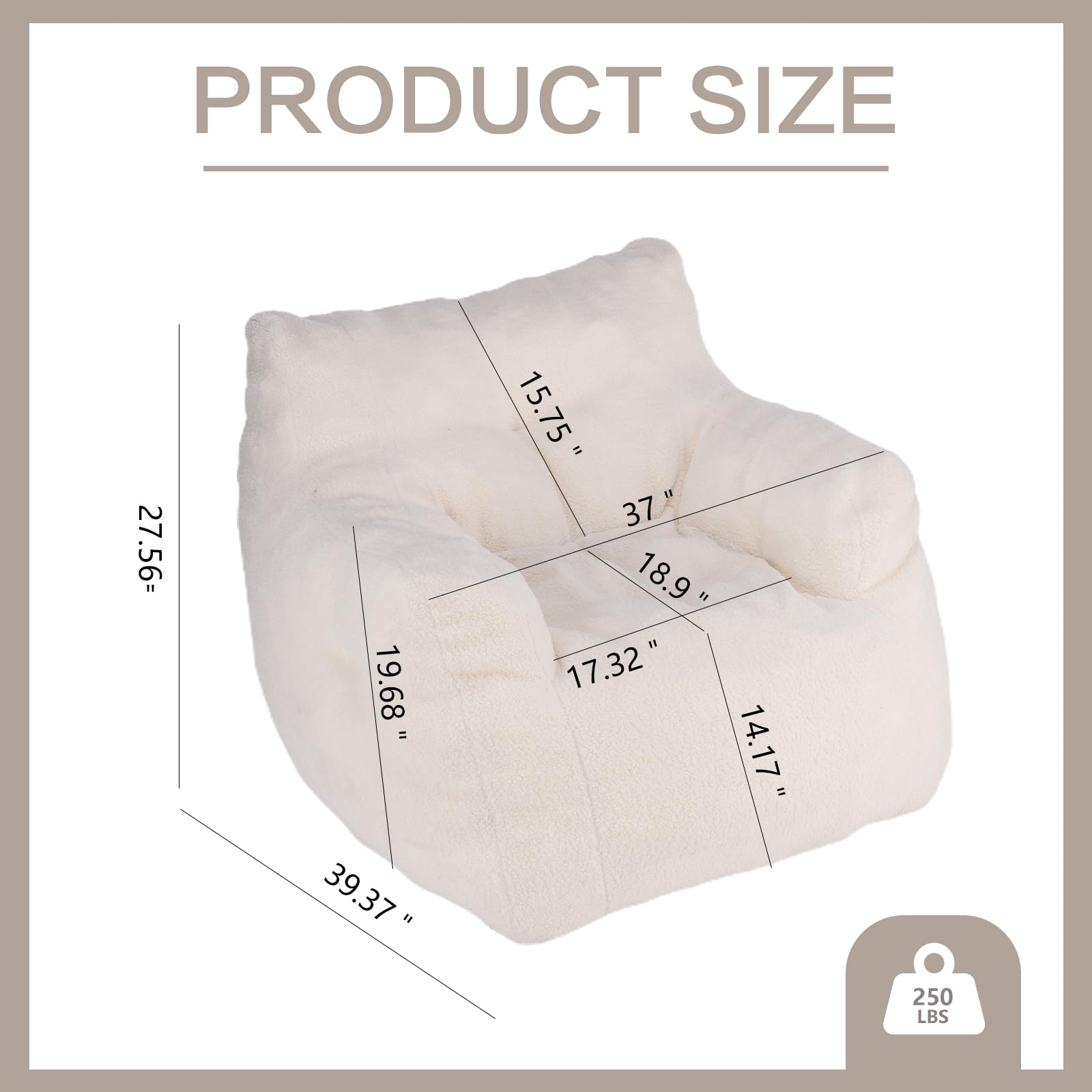 MZDOO Bean Bag Chair, Bean Bag Sofa with Filler, Soft Teddy Fabric BeanBag Chair, Fluffy and Comfy Lounge Chair for Bedroom, Living Room, White