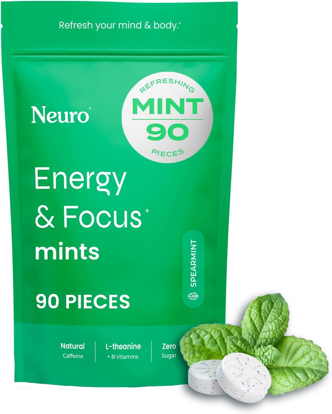 Neuro Energy & Focus Mints - Sugar Free Breath Mints with 40mg Natural Caffeine, B Vitamins & L-Theanine - Vegan Brain Supplement for Exercise, Study & Daily Focus - Spearmint, 90 ct