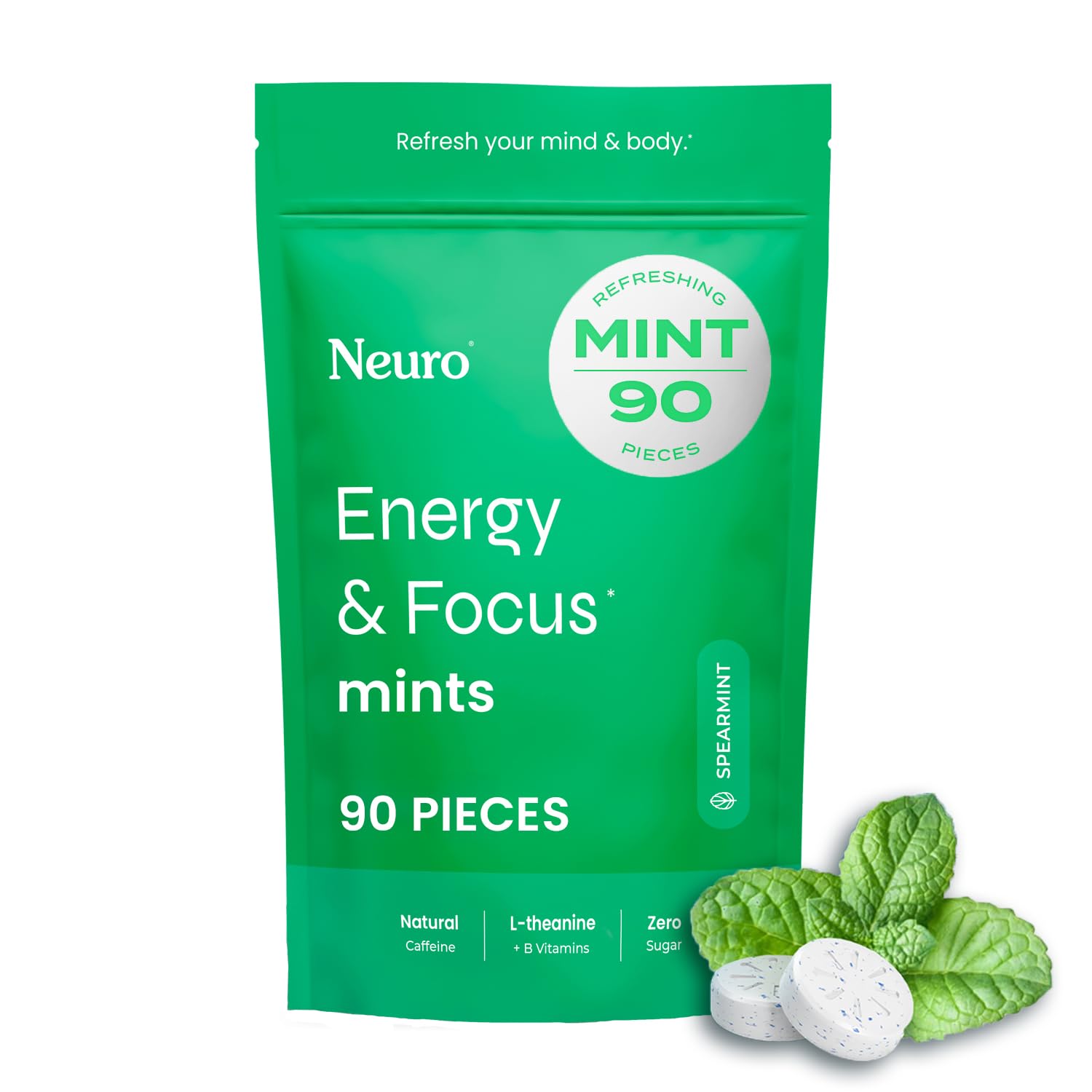 Neuro Energy & Focus Mints - Sugar Free Breath Mints with 80mg Natural Caffeine, B Vitamins & L-Theanine - Vegan Brain Supplement for Exercise, Study & Daily Focus - Spearmint, 90 ct