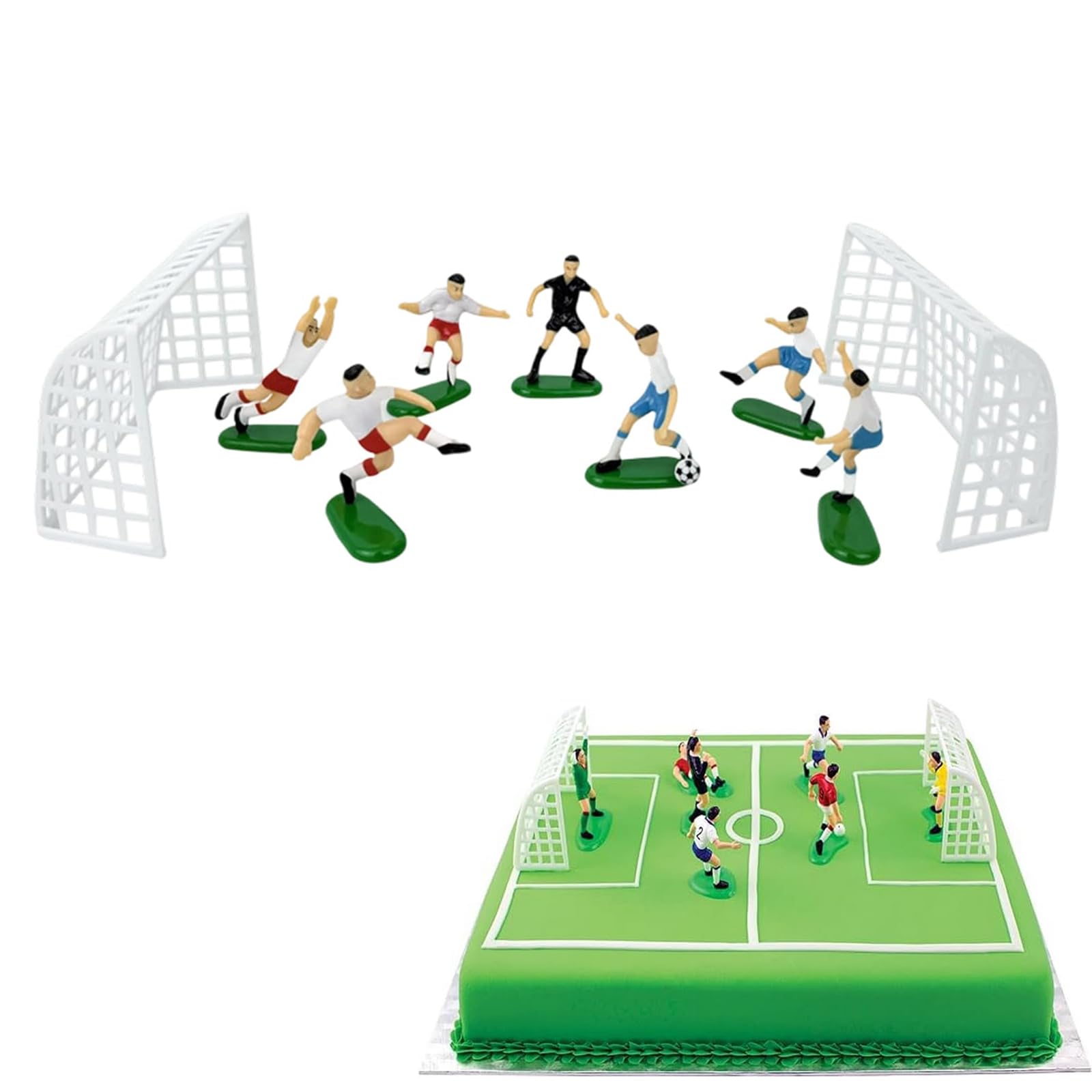 Febbya Football Cake Toppers Set,10 Pcs Plastic Football Cake Decorations with Players & Goals,Soccer Birthday Decorations for Boys Men,Themed Party School Activities and Match Day Celebrations Decor