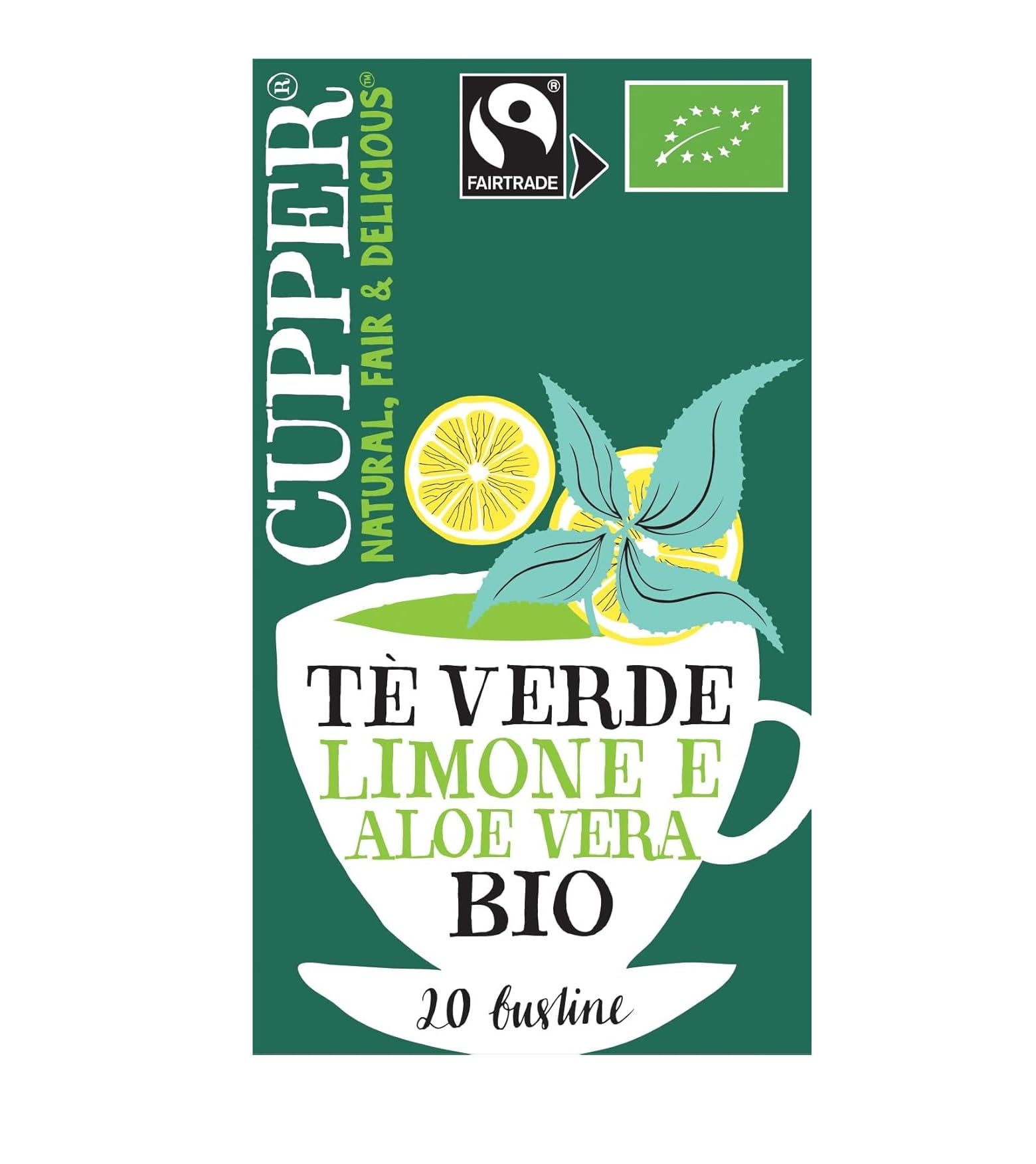 CUPPER Tè Verde al Limone e Aloe Vera Biologico e Fairtrade, Tè con Gusto Vivace e Agrumato, Ingredienti da Agricoltura Biologica, Filtri 100% Biodegradabili, Confezione da 20 Bustine