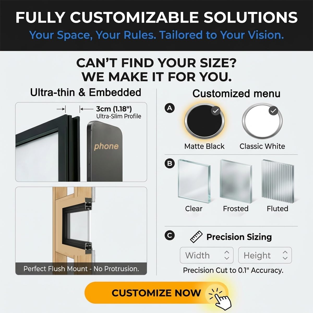 Frosted Privacy Window, 360° Rotating Black Aluminum Pivot Window for Bathroom & Basement, Modern Flush Mount 5mm Tempered Glass Replacement, Slim Frame Airflow Vent(34x30in)