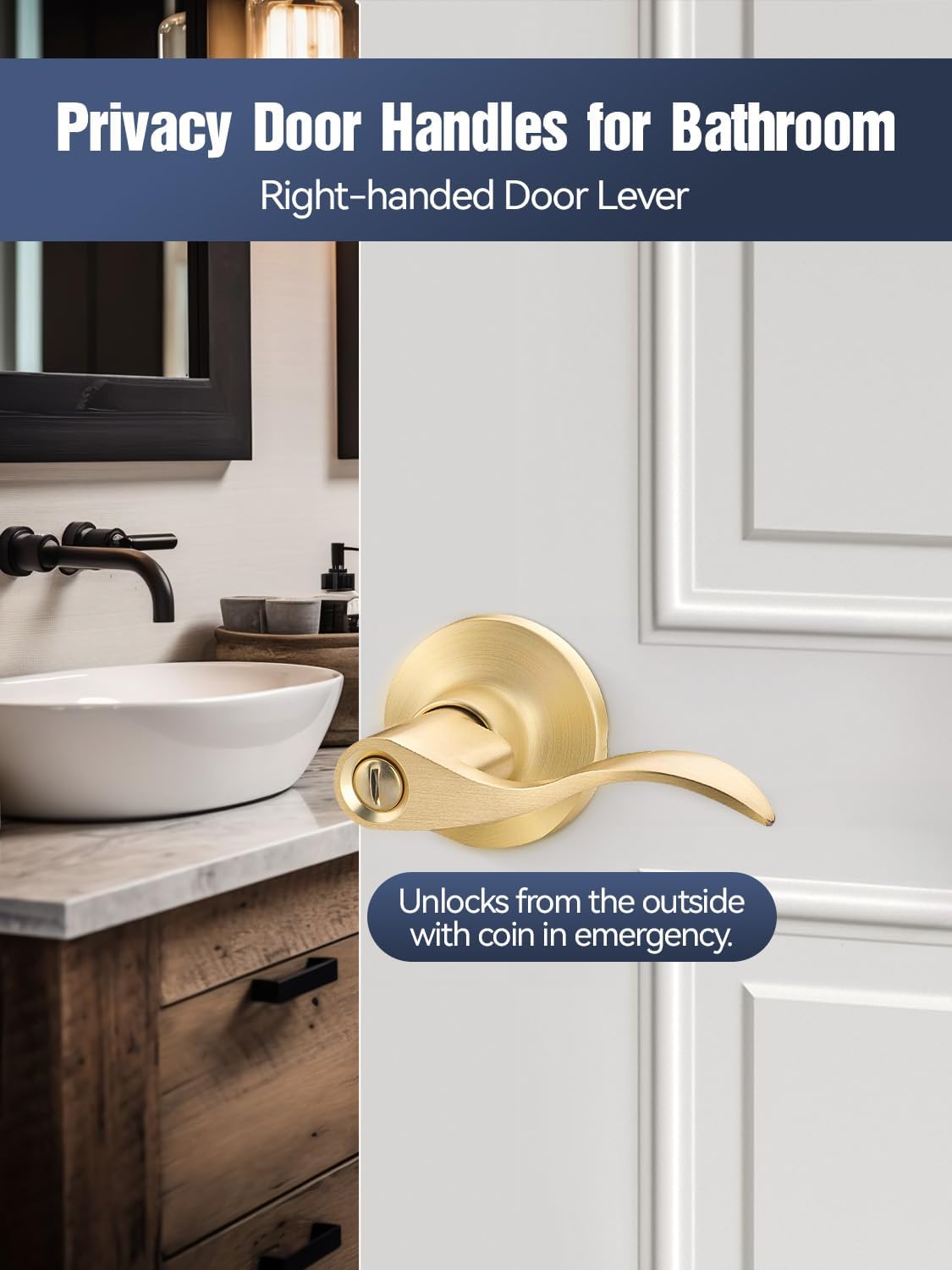 EHOMEWARE Gold Door Handles 5 Pack, Brass Door Knobs Privacy Door Levers for Bedroom Bathroom, Right Handed for Right Opened Doors