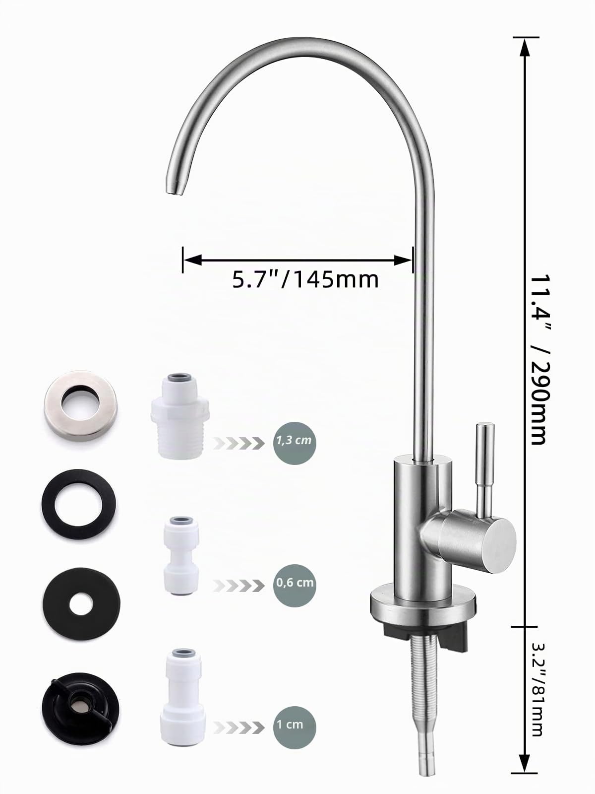 Robinet d'eau potable, facile à installer, robinet de filtre à eau pour évier, robinet à osmose inverse sans plomb pour évier de cuisine, bar, acier inoxydable SUS304 nickel brossé (taille L)