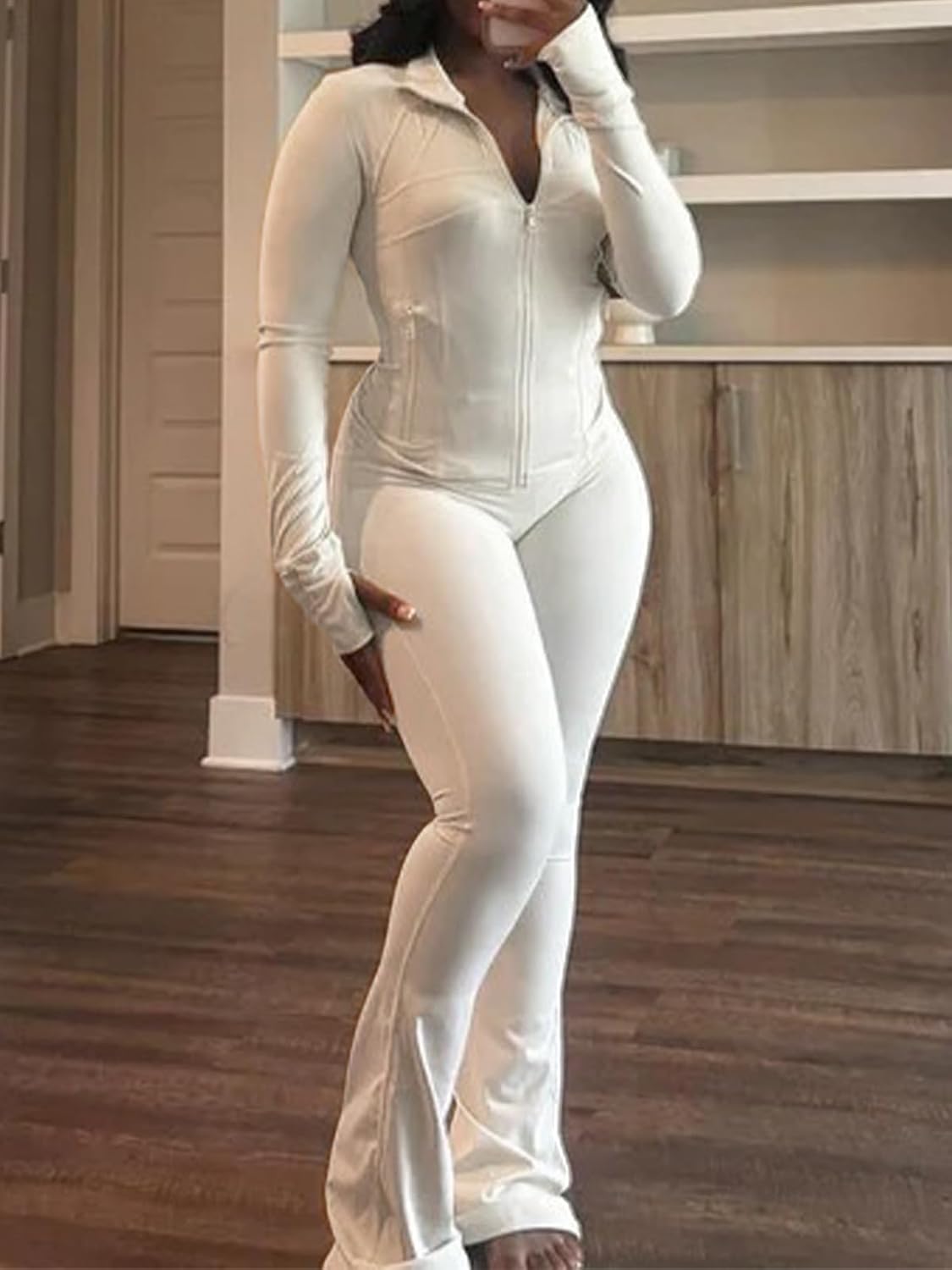XZLUFNY Casual Workout Two Piece Outfits for Women Long Sleeve Tops Flare Pants Matching Sets