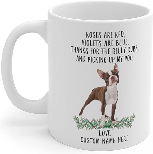 Regalos divertidos para los amantes de las mascotas Boston Terrier White Borwn con nombre personalizado Roses Are Red Violets Are Blue Dog Christmas