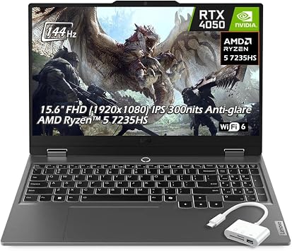Lenovo LOQ 15.6 Gaming Laptop - RTX 4050-15.6" FHD IPS Display 144Hz - AMD Ryzen 5 7235HS - 12GB RAM - 1TB PCIe SSD - Windows 11 - White Backlit - Luna Grey - w/USB Hub, W/GaLiMu