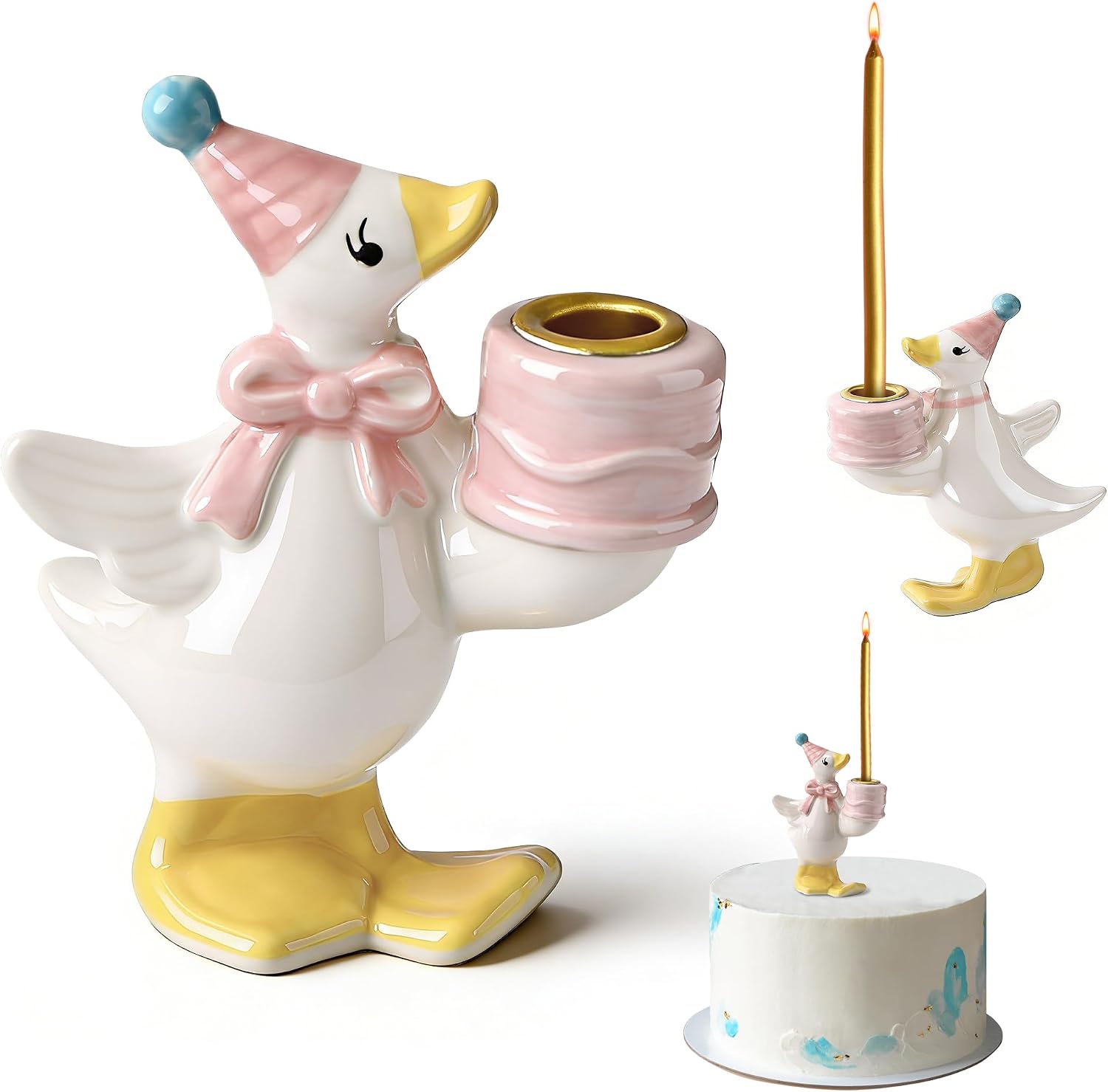 Ceramic Silly Goose Cake Candle Holder, Hand Painted (Pink)