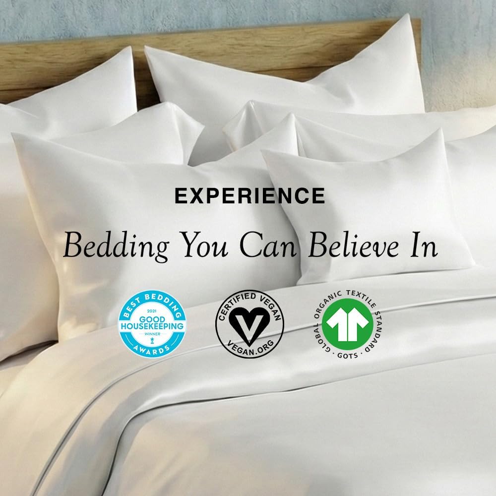 Delilah Home 100% Organic Cotton Split King Bed Sheet Set, GOTS & Vegan.org Verified Long Stem 300 TC Sateen Bedding Non-Synthetic Deep Pocket Fitted Linen, Lightweight, All-Season, 4 Pieces - White