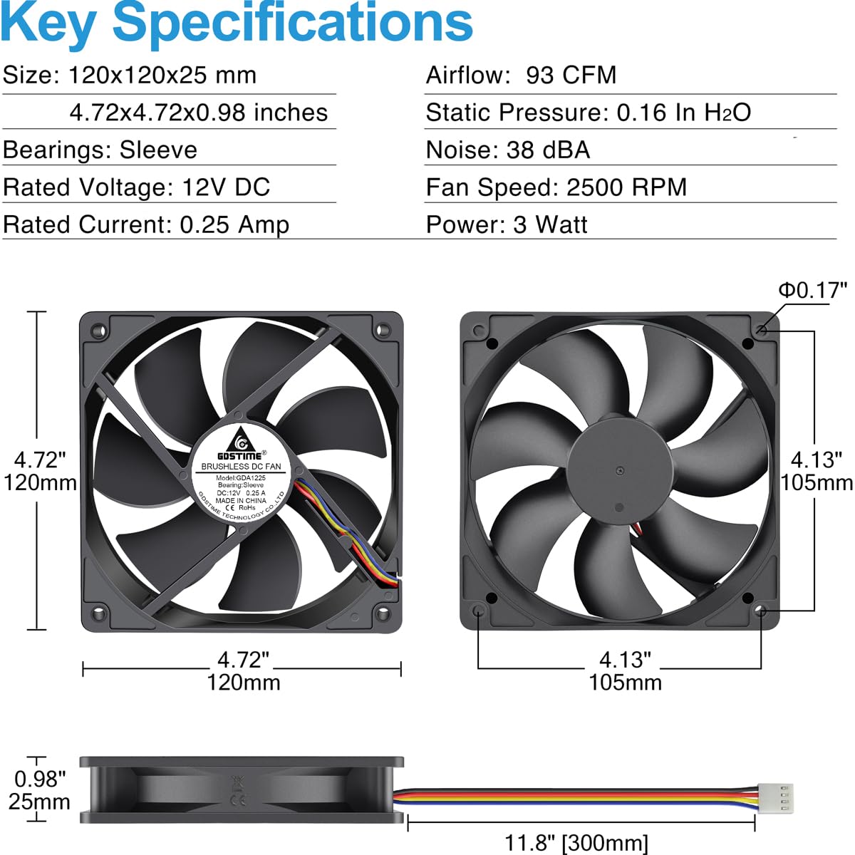 GDSTIME 120mm x 25mm PWM 4PIN Computer Case Fan, Powerful 120x120x25mm 12V DC Brushless Cooling Fan for PC Cases, Radiators or CPU Cooler (2-Pack)